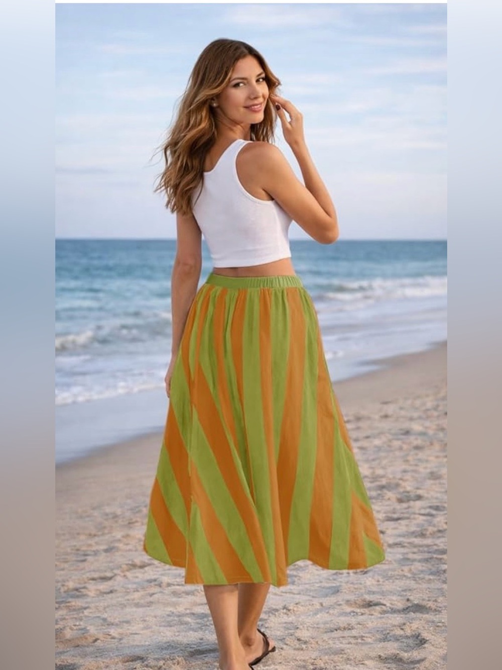 Boho chic festival colorful striped midi skirt in citrus combo small